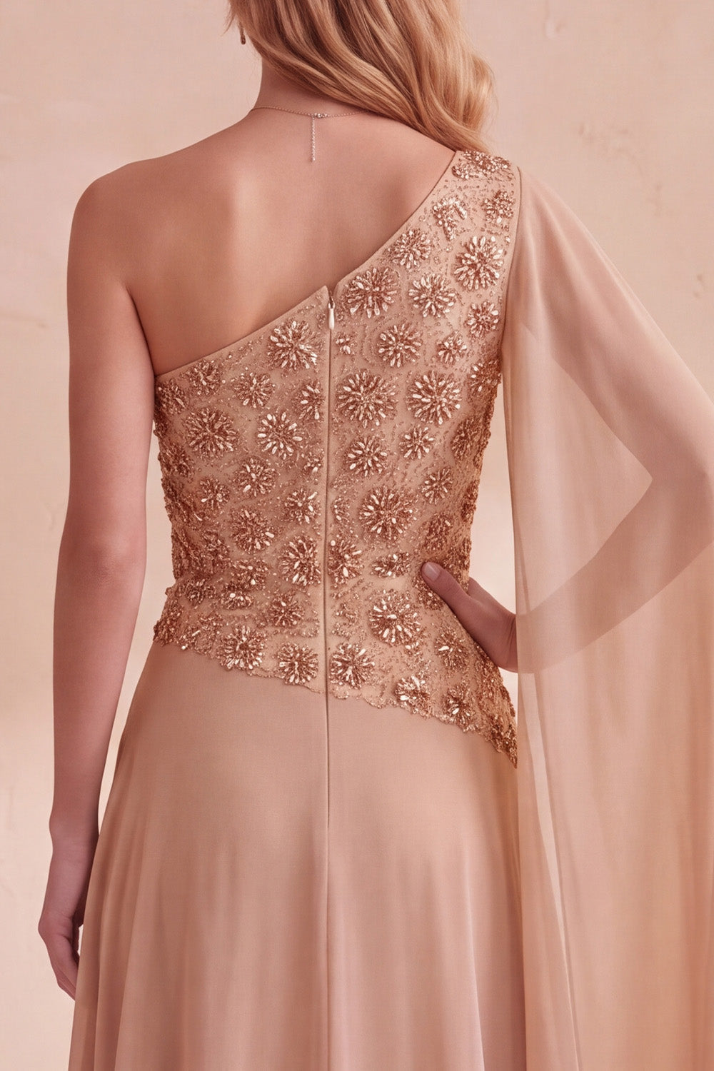 Floral Khaki One Shoulder Chiffon A-Line Long Formal Dress with Cape