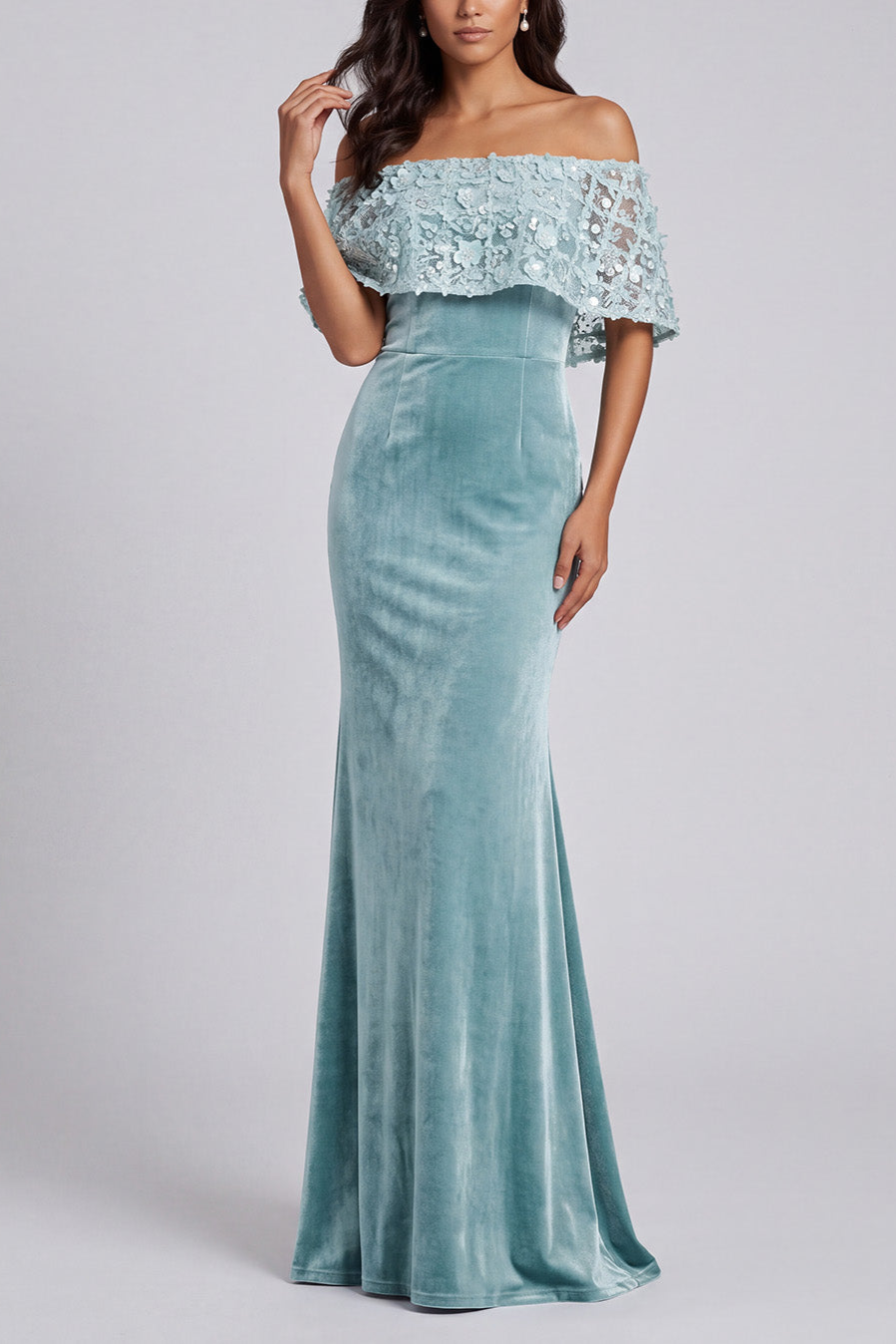 Sparkly Light Blue Off the Shoulder Floral Velvet Mermaid Long Formal Dress with Cape