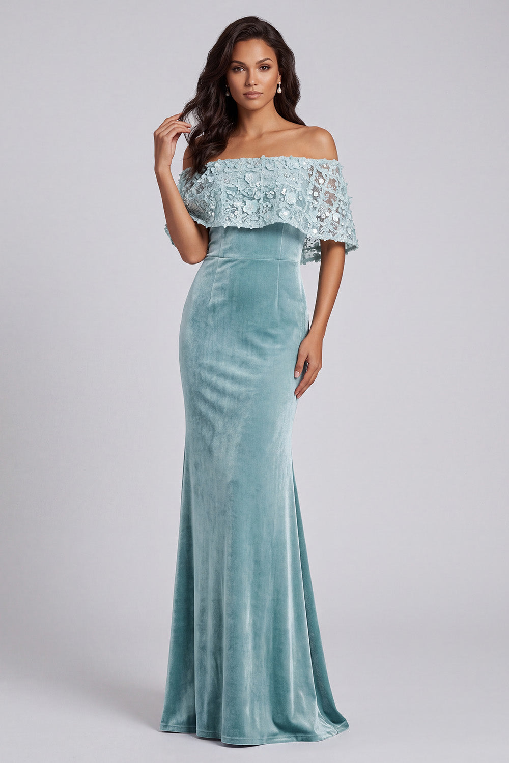 Sparkly Light Blue Off the Shoulder Floral Velvet Mermaid Long Formal Dress with Cape