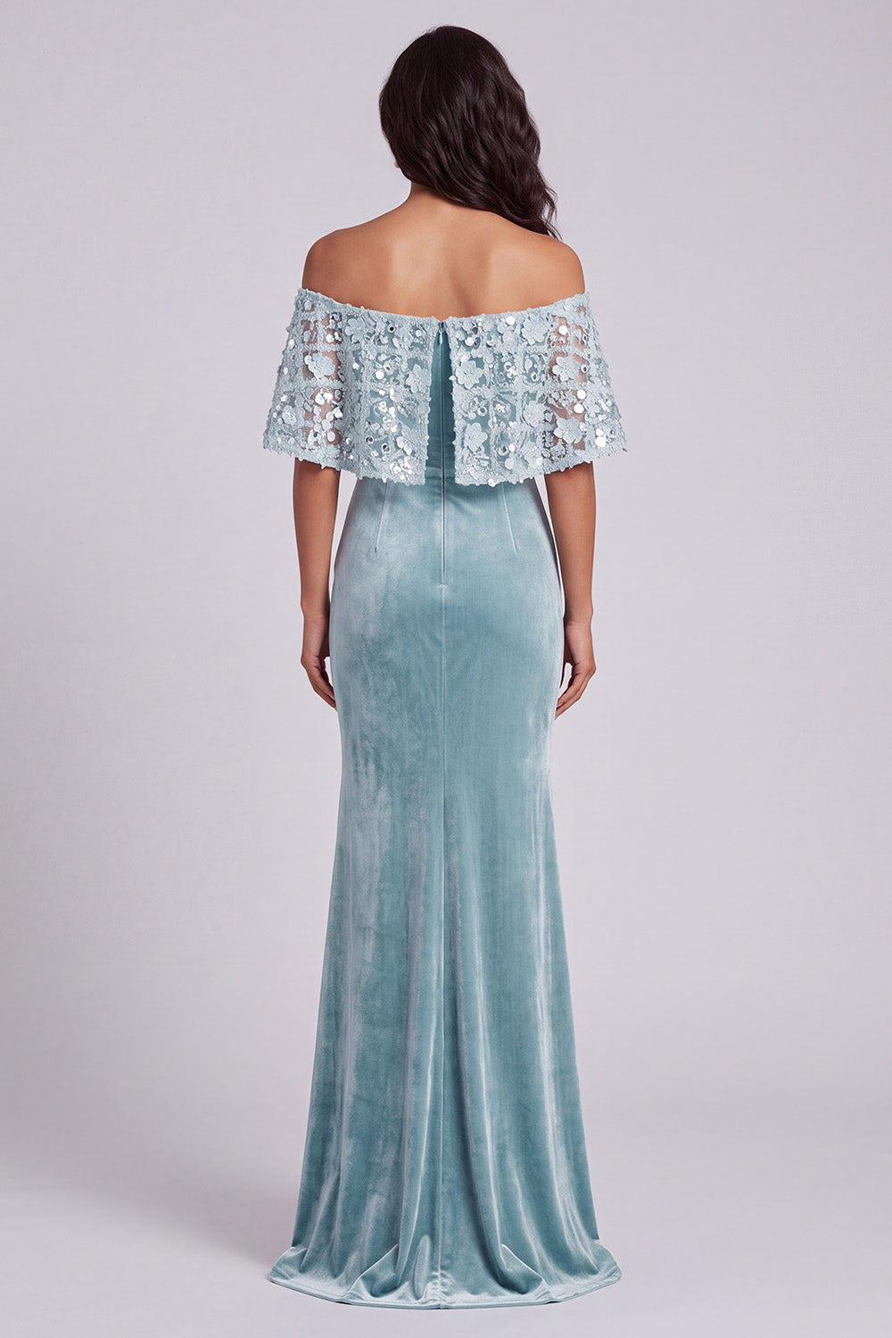Sparkly Light Blue Off the Shoulder Floral Velvet Mermaid Long Formal Dress with Cape