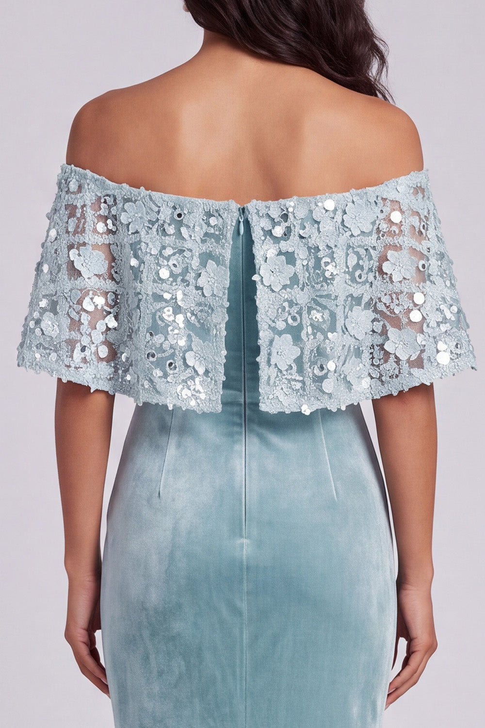 Sparkly Light Blue Off the Shoulder Floral Velvet Mermaid Long Formal Dress with Cape