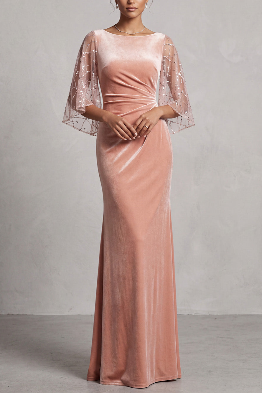 Sparkly Peach Mermaid Velvet Ruched Long Mother of the Bride Dress with Sleeves