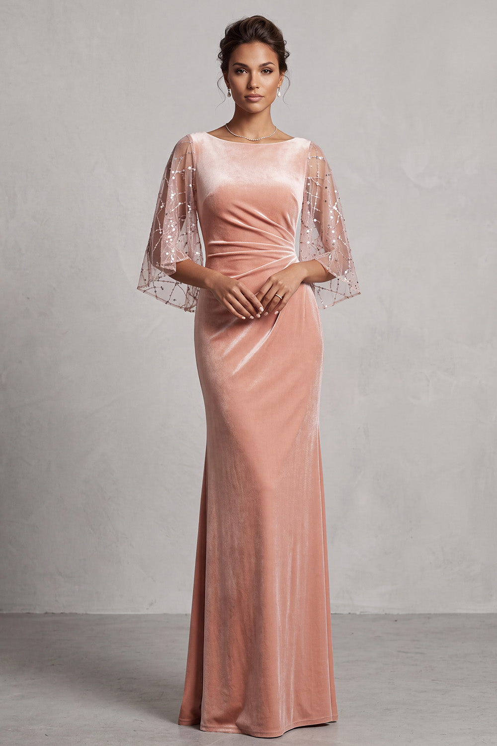Sparkly Peach Mermaid Velvet Ruched Long Mother of the Bride Dress with Sleeves