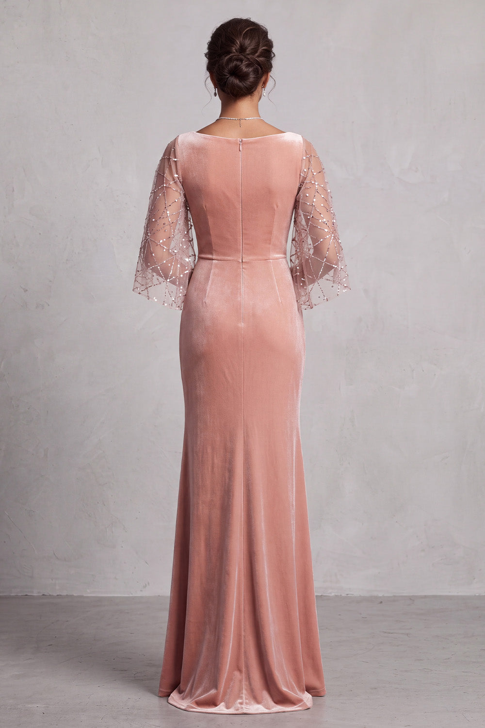 Sparkly Peach Mermaid Velvet Ruched Long Mother of the Bride Dress with Sleeves