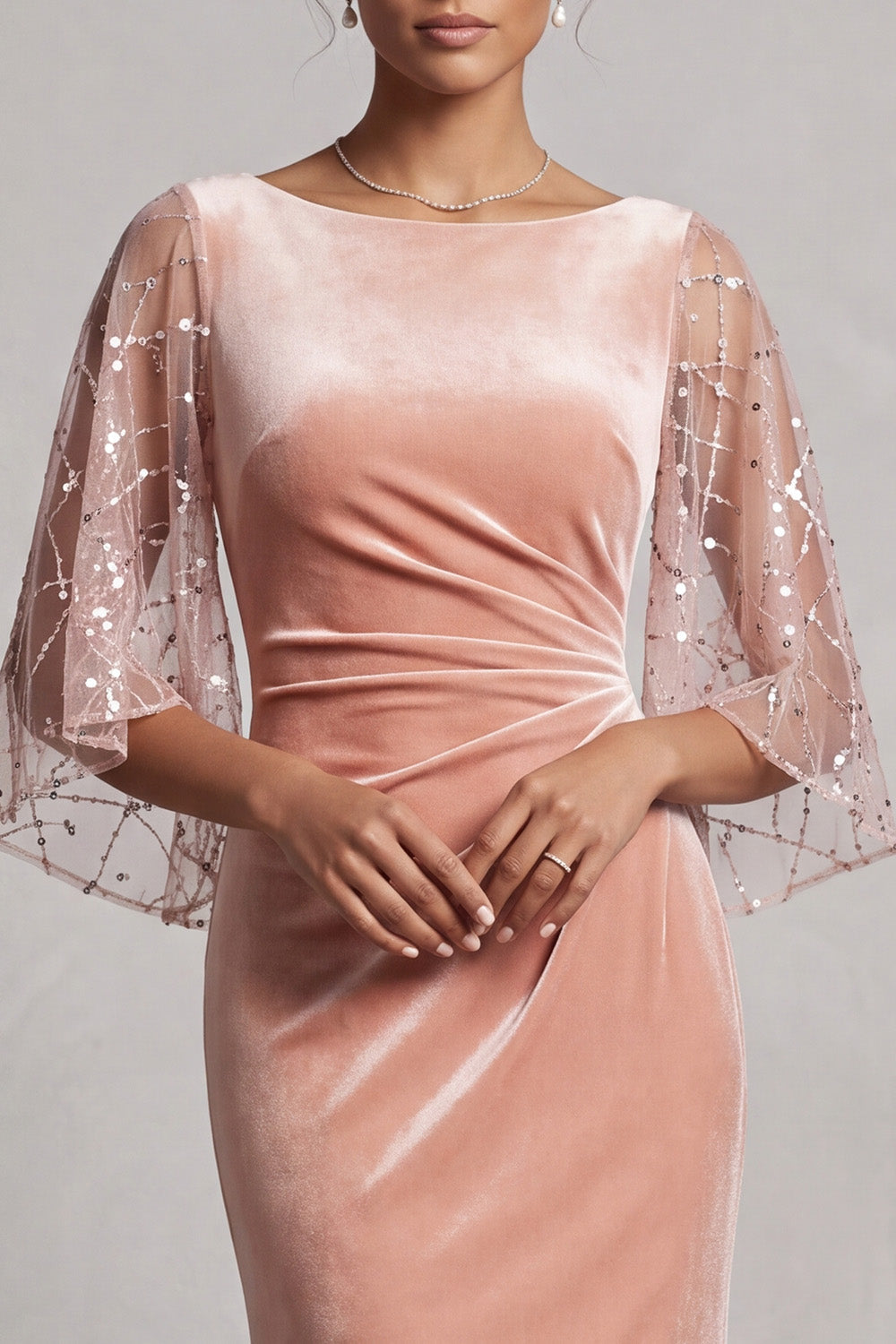 Sparkly Peach Mermaid Velvet Ruched Long Mother of the Bride Dress with Sleeves