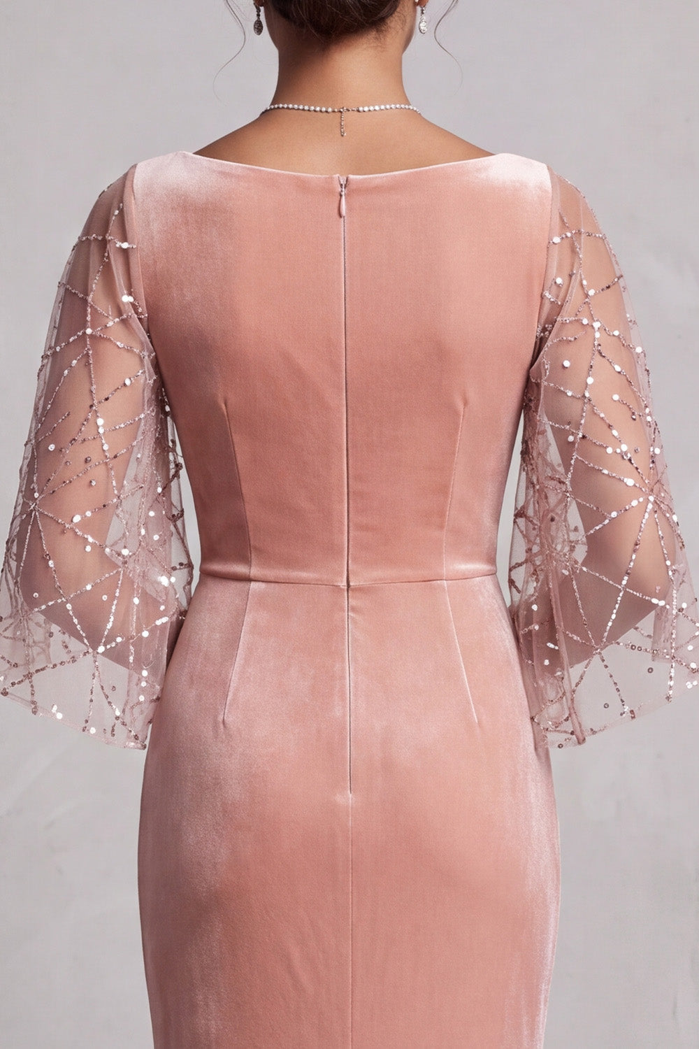 Sparkly Peach Mermaid Velvet Ruched Long Mother of the Bride Dress with Sleeves