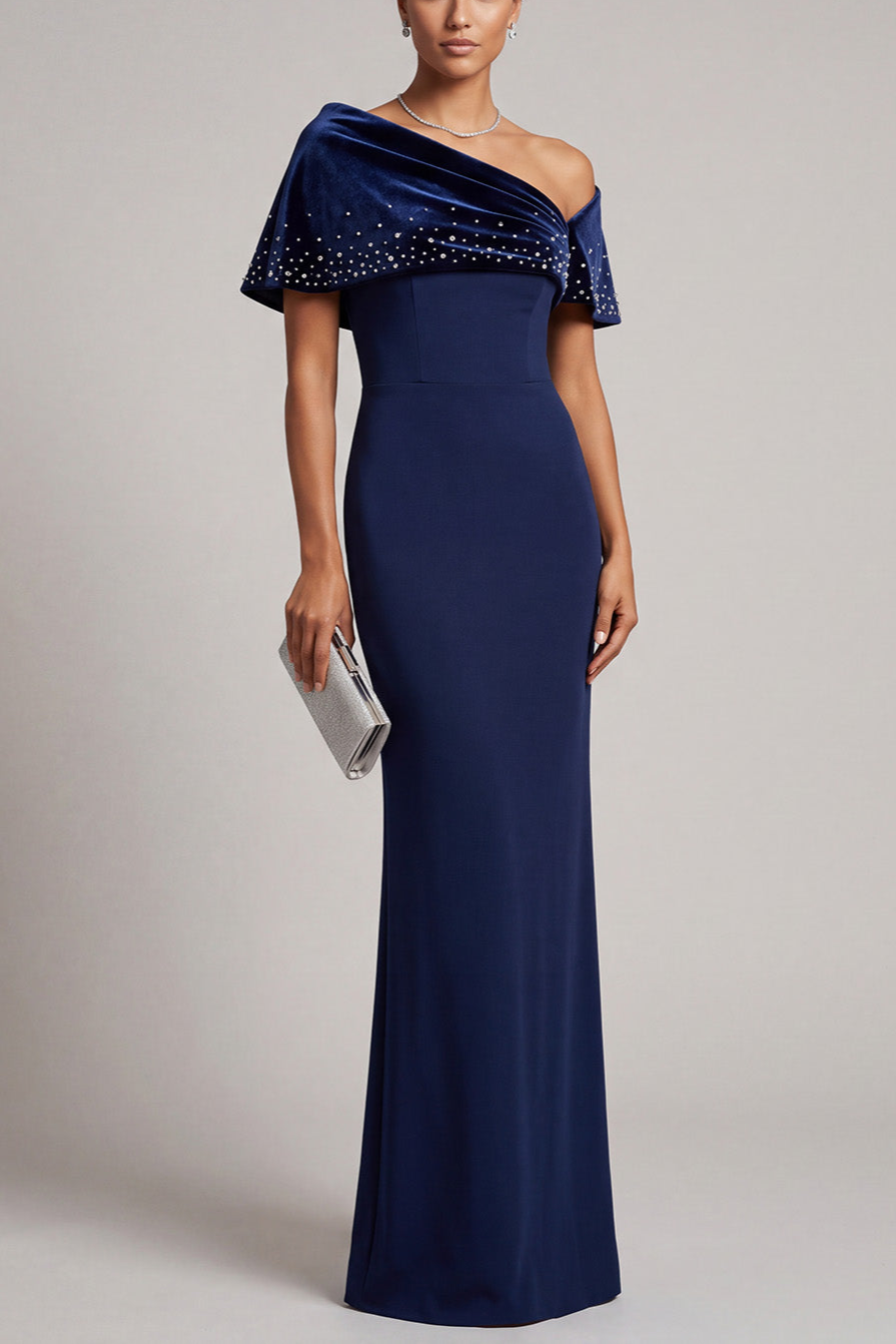 Dark Blue Mermaid Beaded Asymmetrical Neck Satin Long Mother of the Bride Dress with Cape