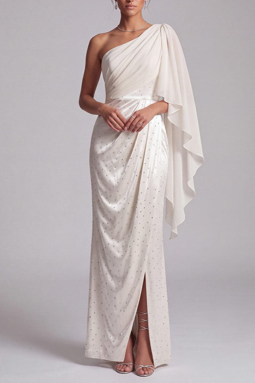 Sparkly Ivory Mermaid Beaded Ruched Long Mother of the Bride Dress with Side Cape