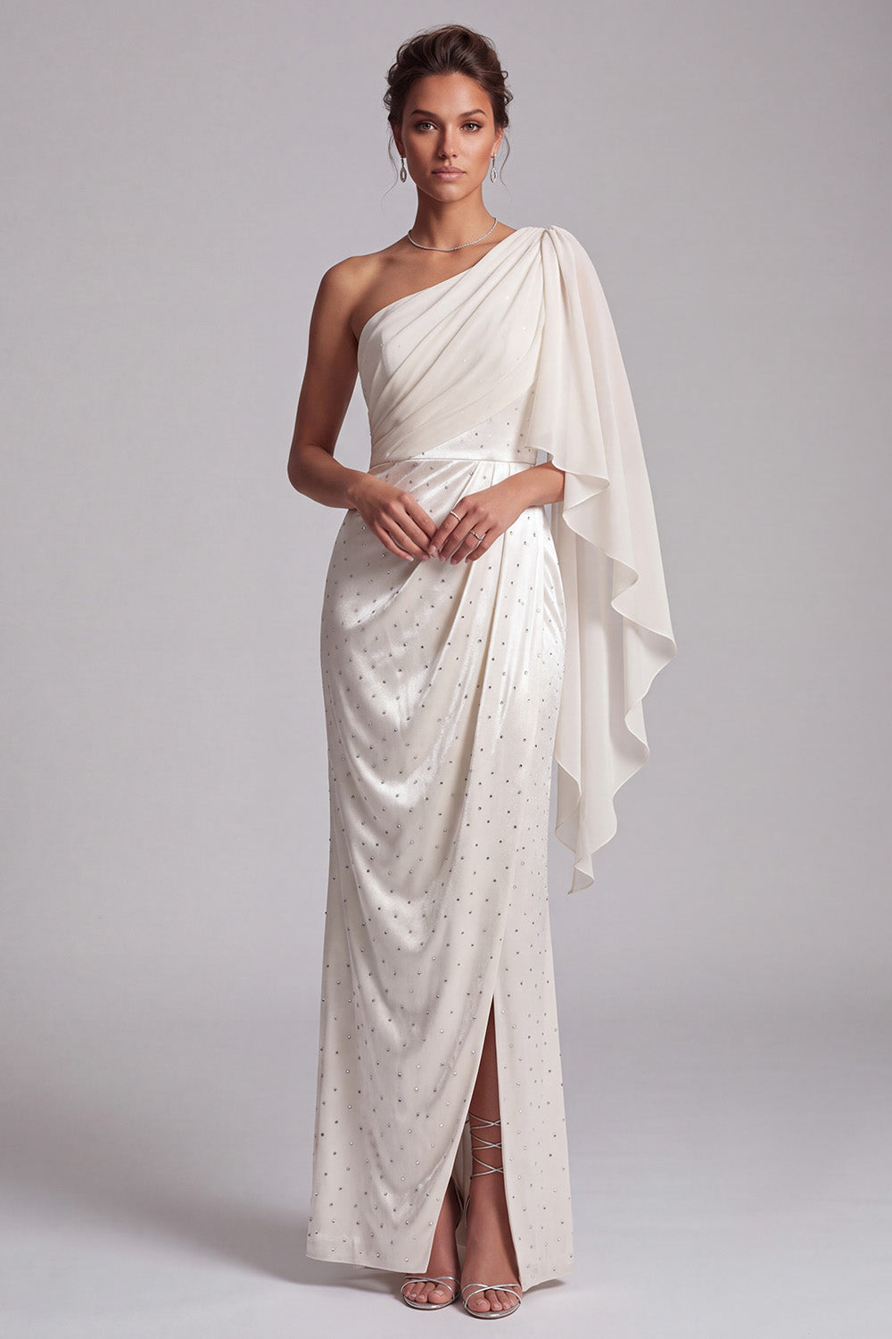 Sparkly Ivory Mermaid Beaded Ruched Long Mother of the Bride Dress with Side Cape