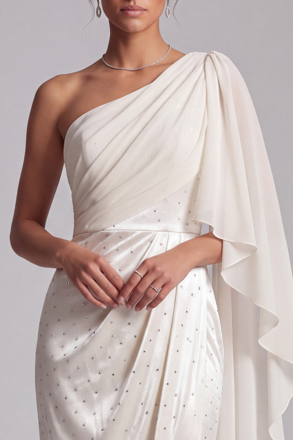 Sparkly Ivory Mermaid Beaded Ruched Long Mother of the Bride Dress with Side Cape