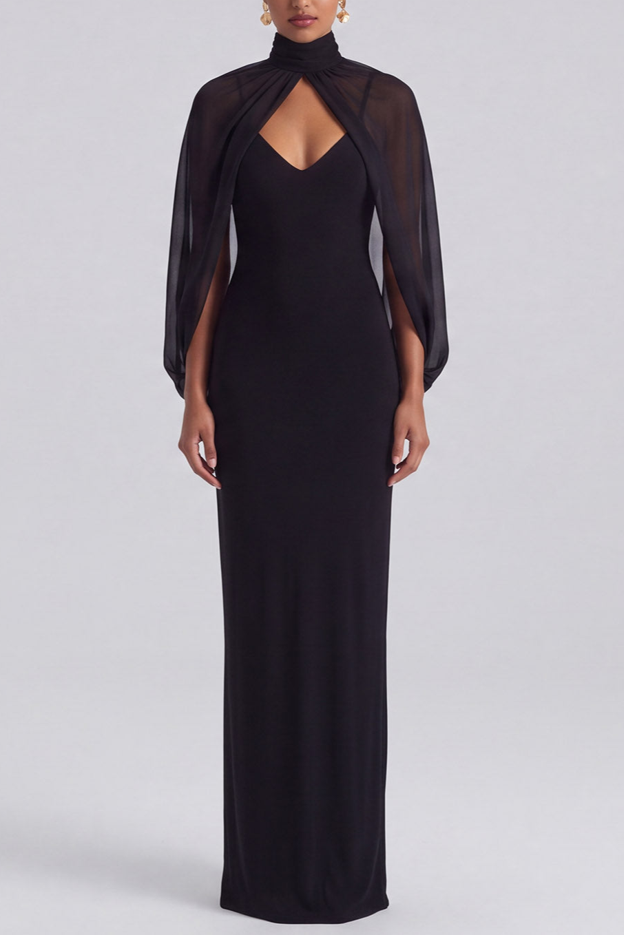 High Neck Sheath Long Black Tie Dress with Cape Sleeves
