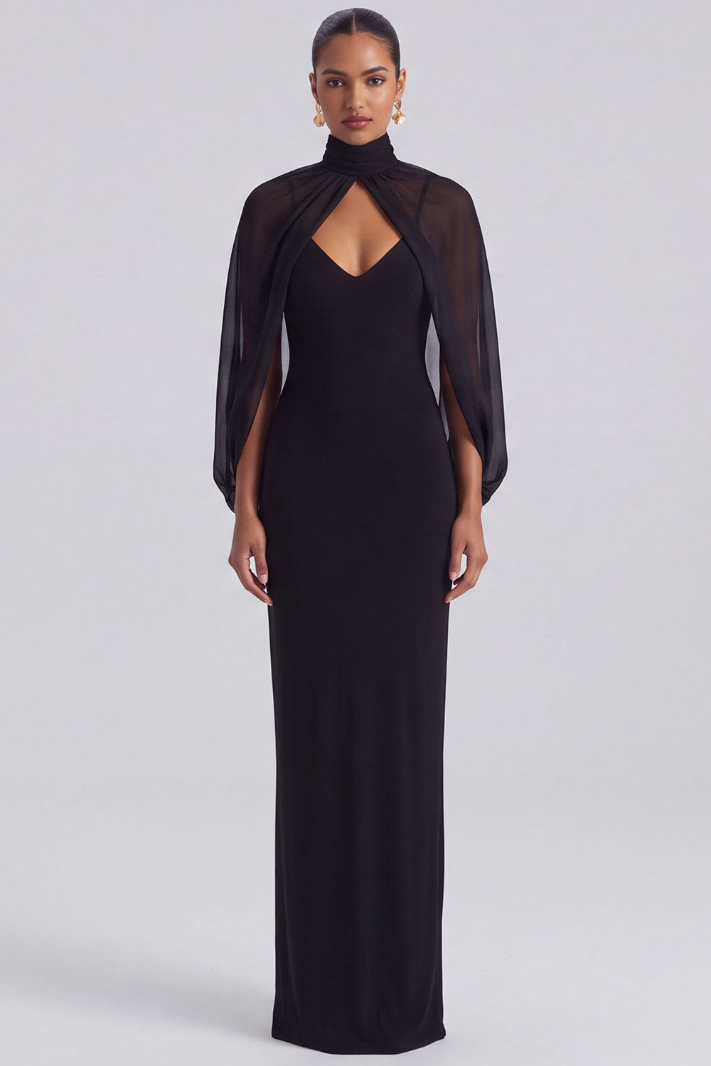 High Neck Sheath Long Black Tie Dress with Cape Sleeves