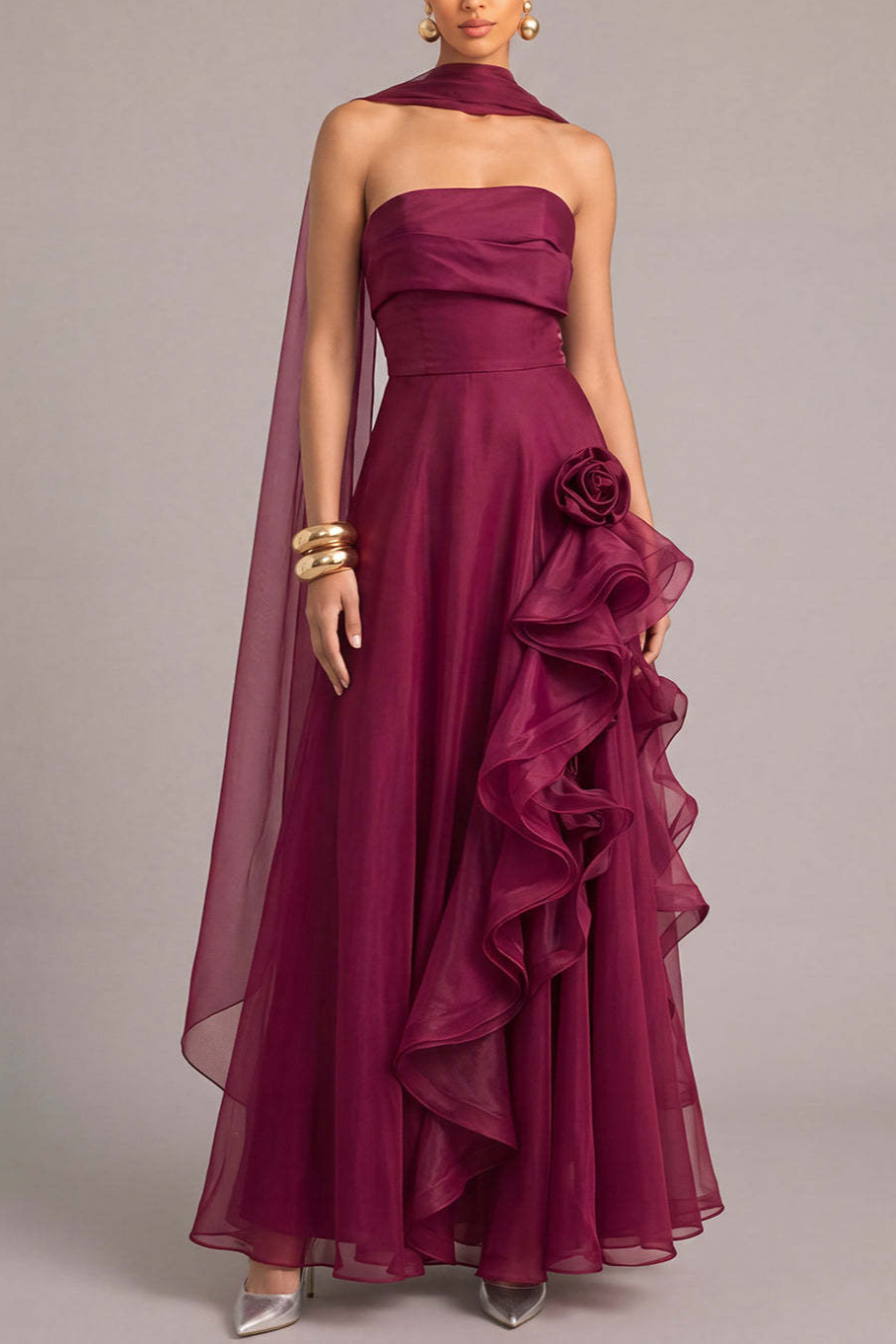 Burgundy A-Line Floral Strapless Ruffled Maxi Formal Dress with Neck Scarf