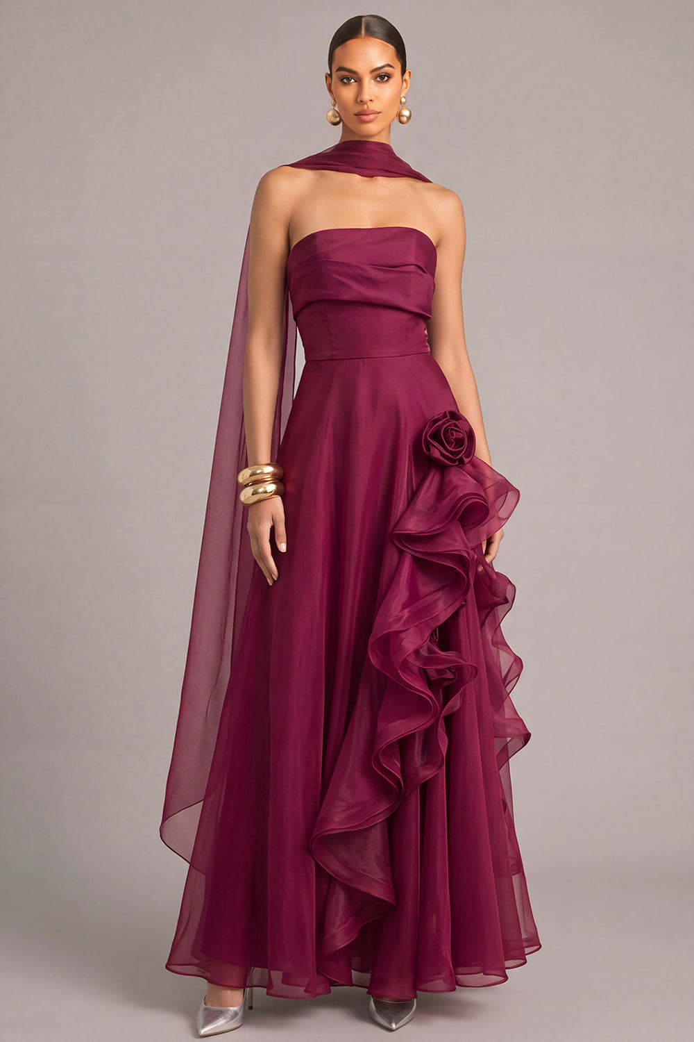 Burgundy A-Line Floral Strapless Ruffled Maxi Formal Dress with Neck Scarf