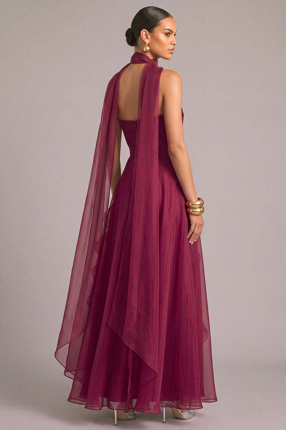 Burgundy A-Line Floral Strapless Ruffled Maxi Formal Dress with Neck Scarf