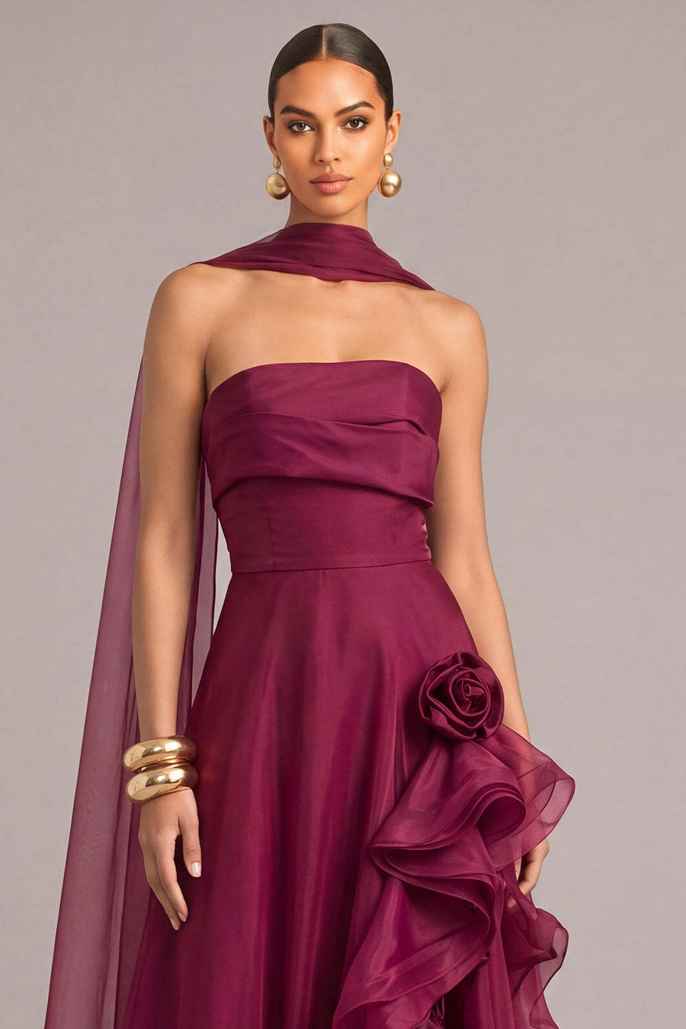 Burgundy A-Line Floral Strapless Ruffled Maxi Formal Dress with Neck Scarf