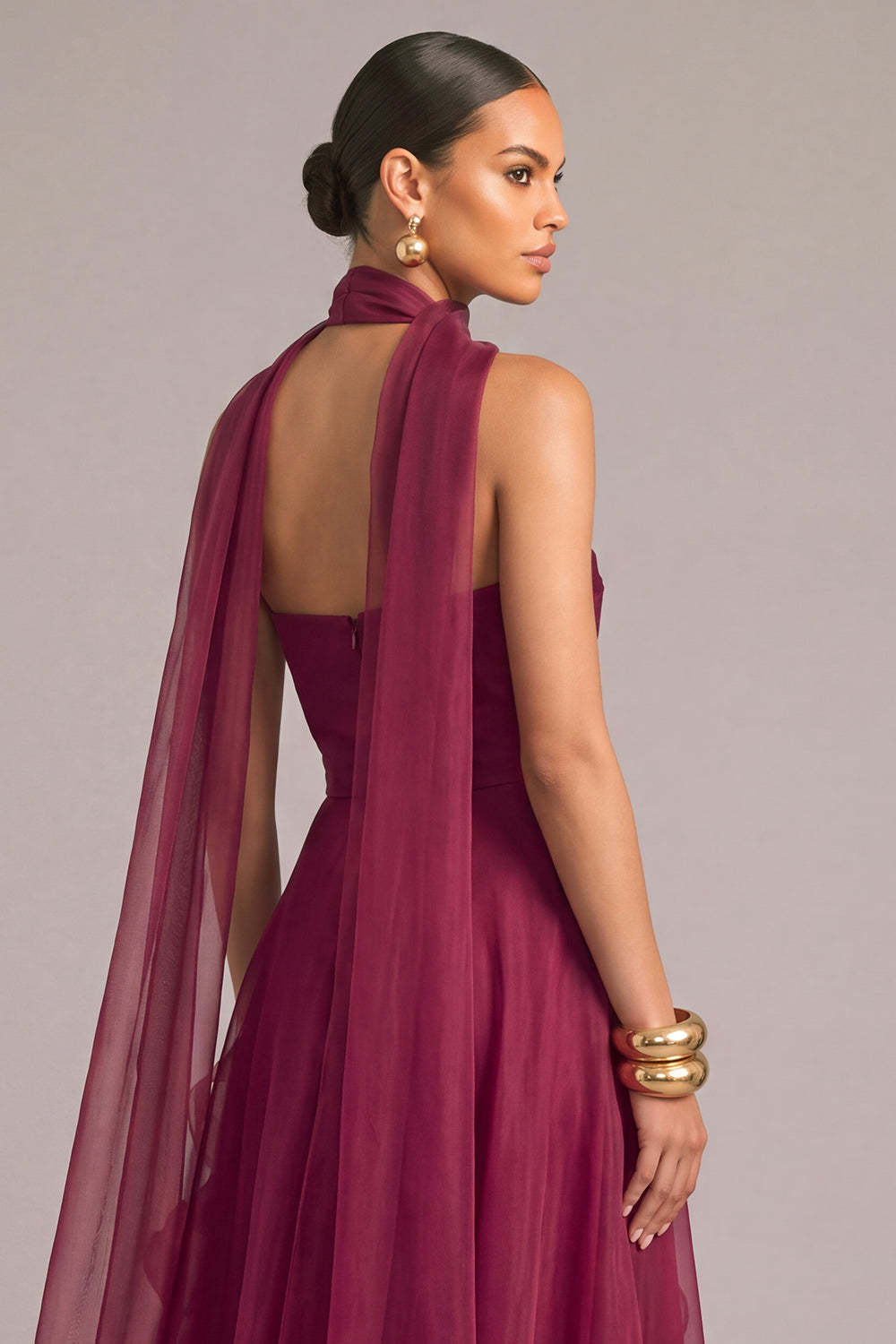 Burgundy A-Line Floral Strapless Ruffled Maxi Formal Dress with Neck Scarf