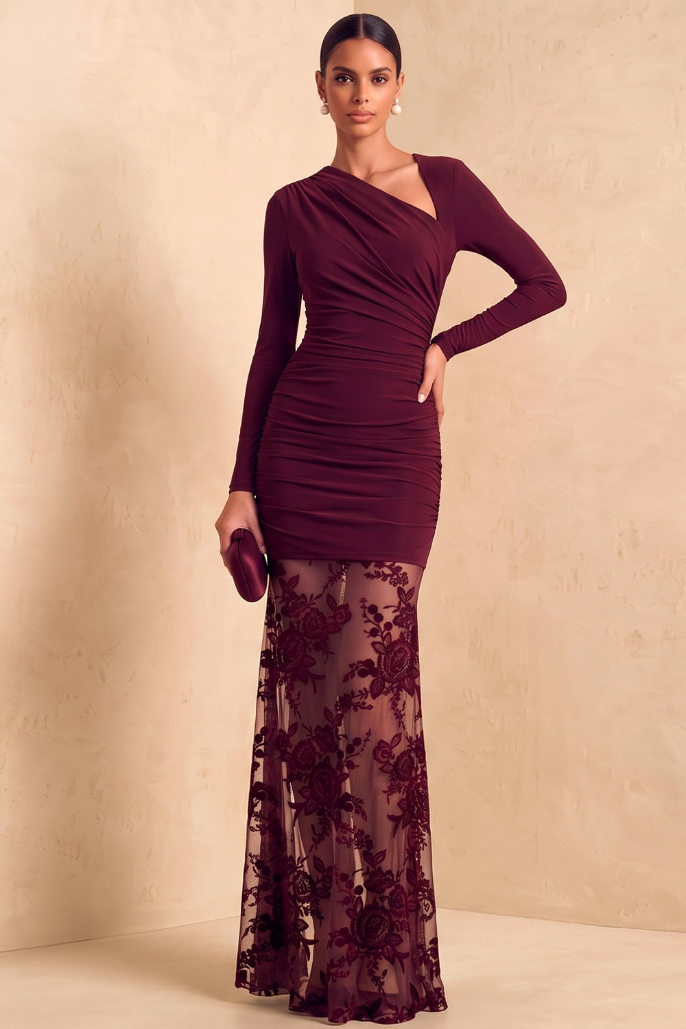 Asymmetrical Cutout Long Sleeve Black Stretch Crepe Lace Maxi Formal Evening Dress