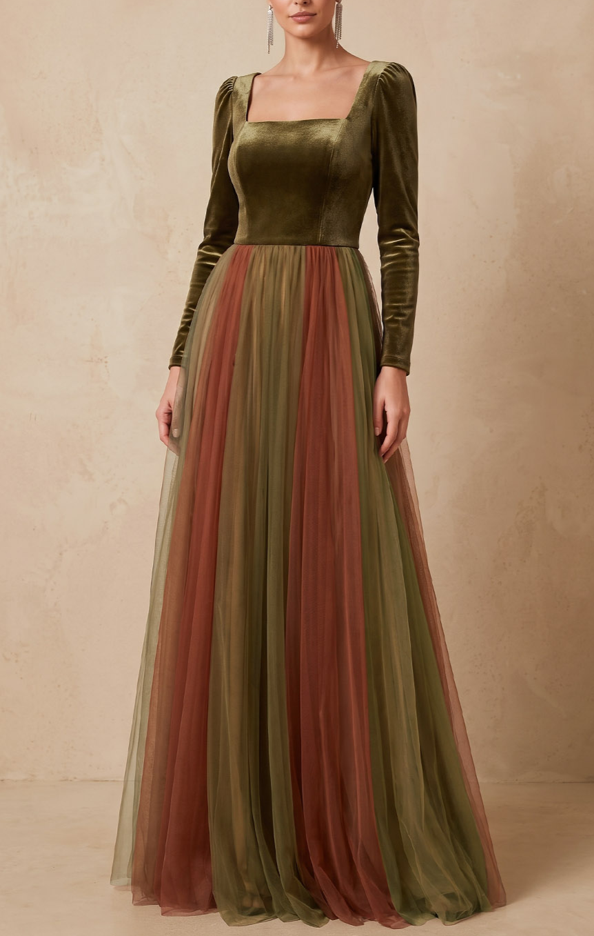 Green Velvet Long Sleeve Square Neck Maxi Wedding Guest Dress
