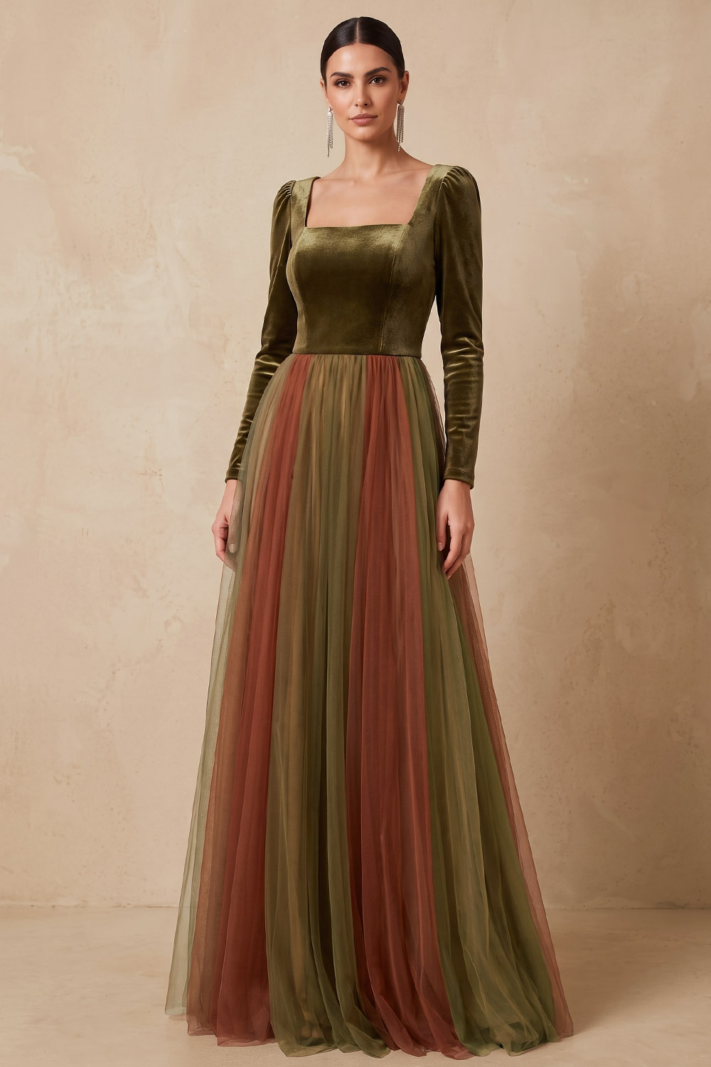 Green Velvet Long Sleeve Square Neck Maxi Wedding Guest Dress