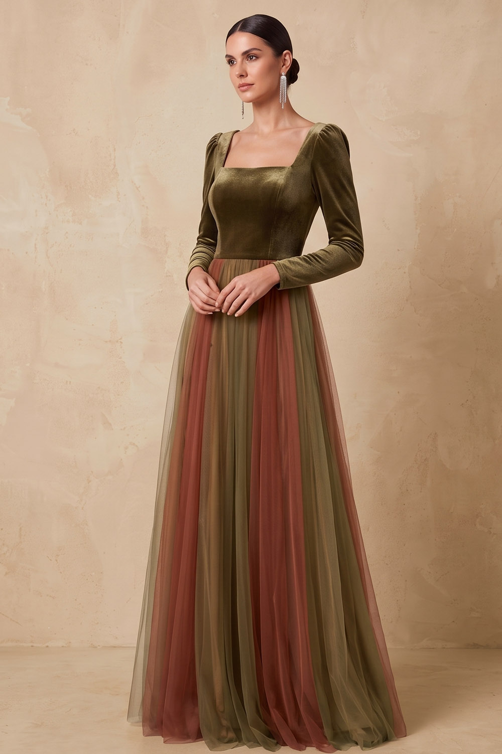 Green Velvet Long Sleeve Square Neck Maxi Wedding Guest Dress