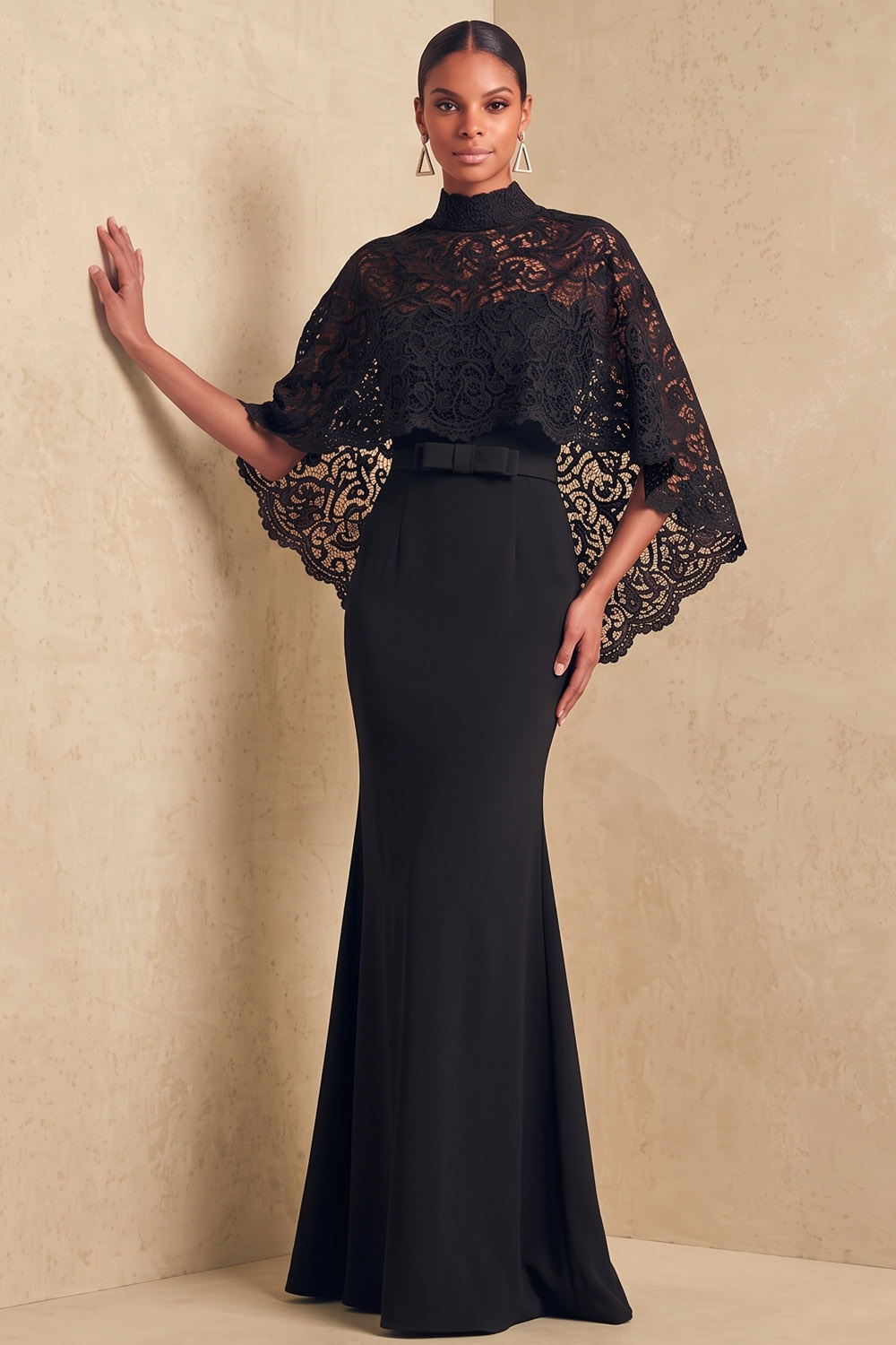 Burgundy Lace Cape Mermaid Maxi Formal Dress