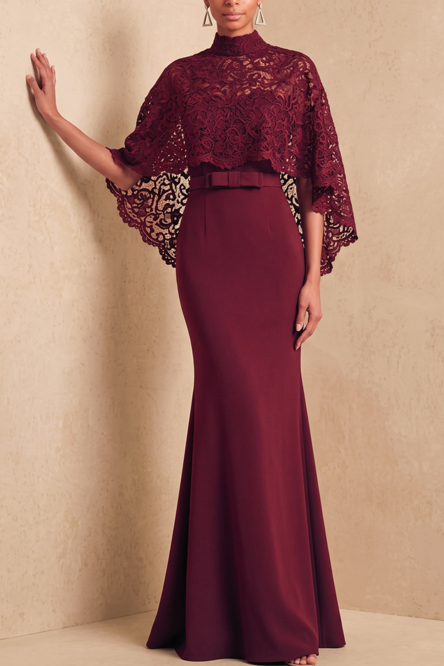 Burgundy Lace Cape Mermaid Maxi Formal Dress