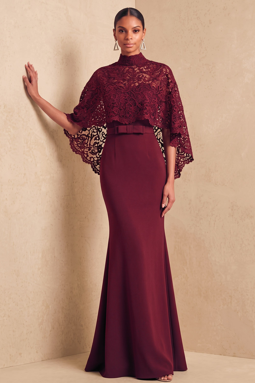 Burgundy Lace Cape Mermaid Maxi Formal Dress