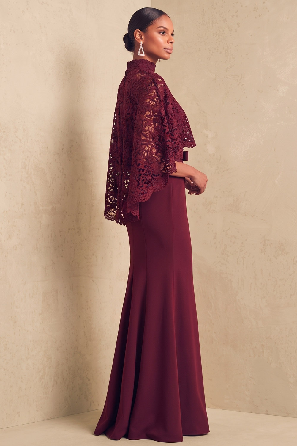 Burgundy Lace Cape Mermaid Maxi Formal Dress