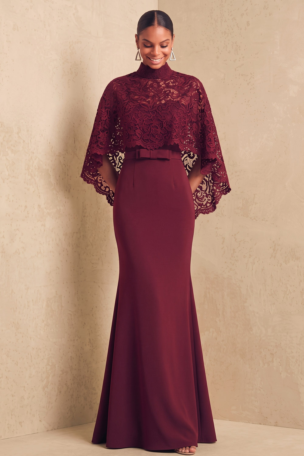 Burgundy Lace Cape Mermaid Maxi Formal Dress