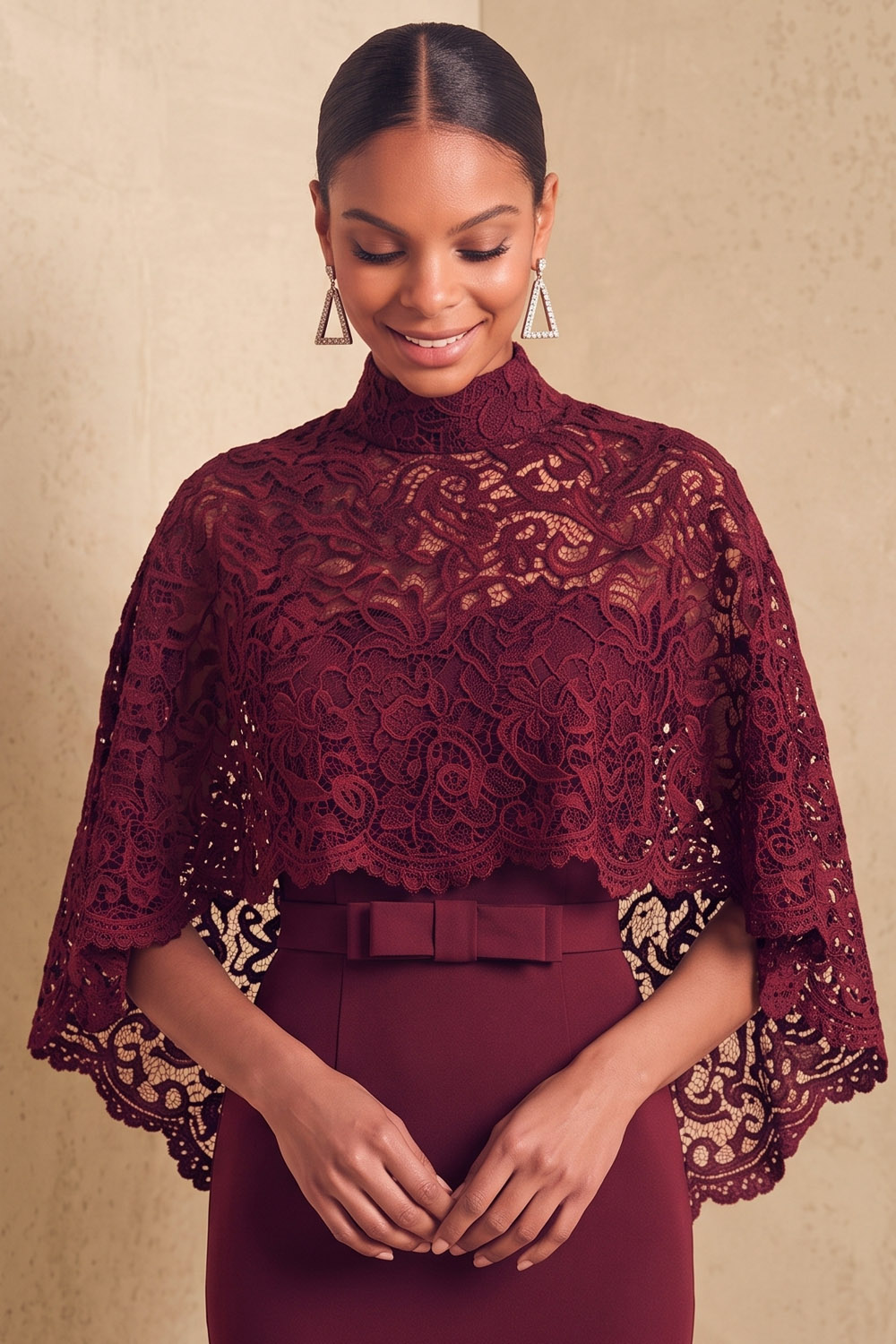 Burgundy Lace Cape Mermaid Maxi Formal Dress