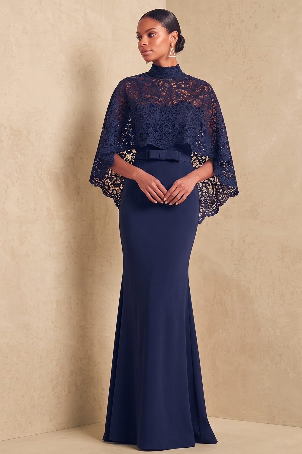Burgundy Lace Cape Mermaid Maxi Formal Dress