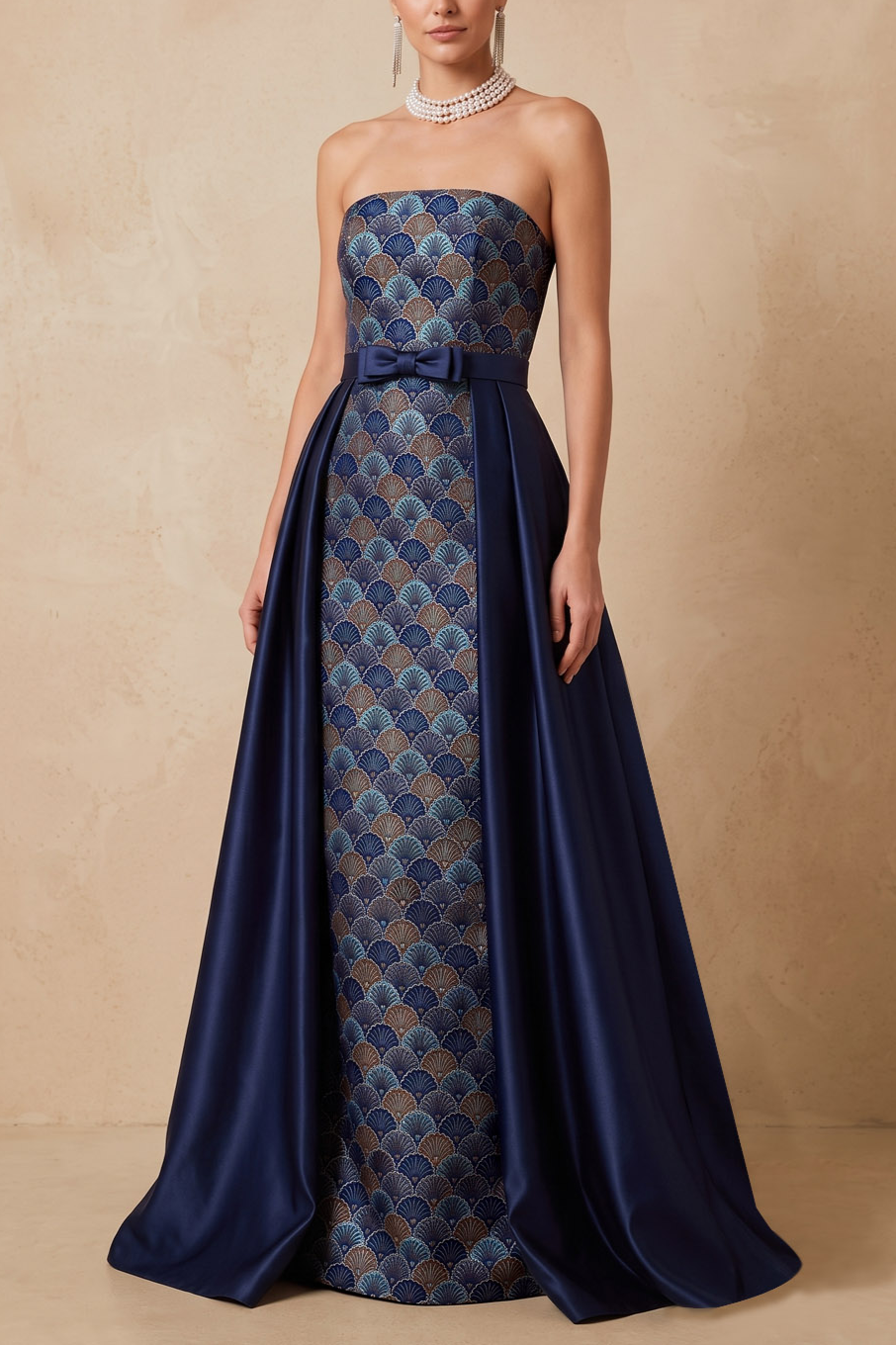 Dark Blue Strapless Maxi A Line Formal Evening Dress With Bow Sash