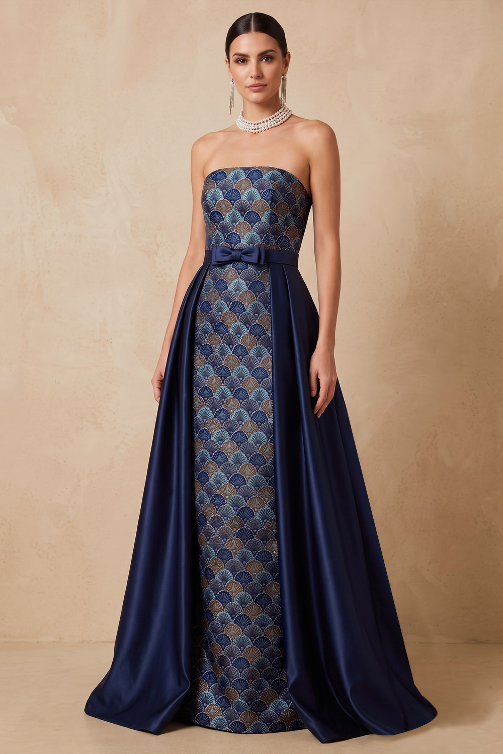 Dark Blue Strapless Maxi A Line Formal Evening Dress With Bow Sash