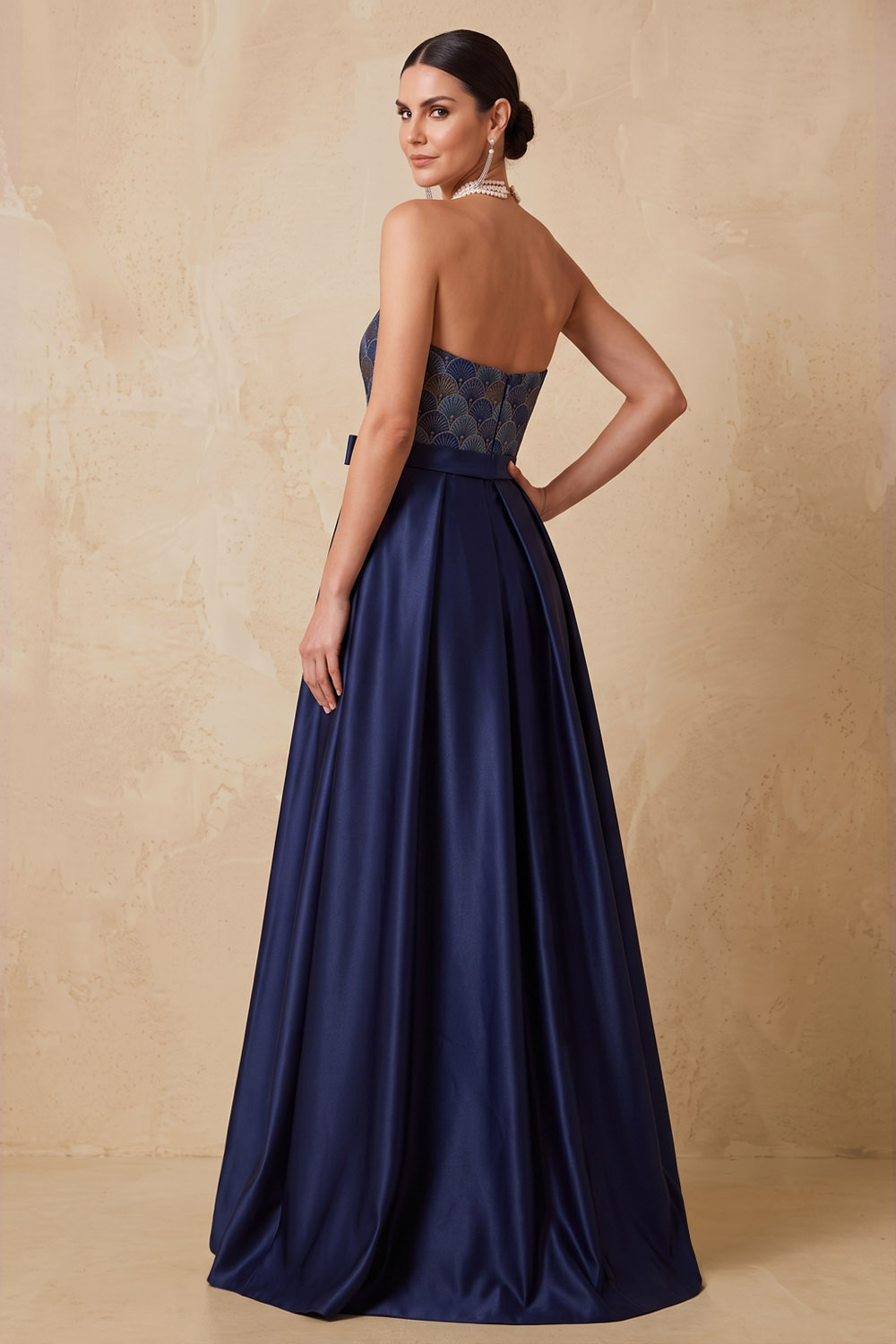Dark Blue Strapless Maxi A Line Formal Evening Dress With Bow Sash