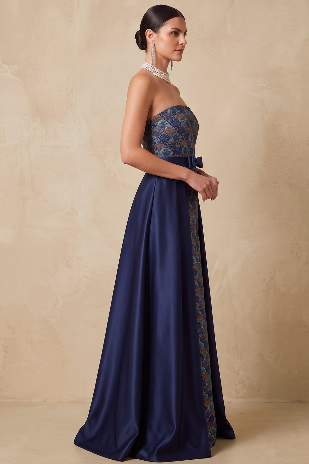 Dark Blue Strapless Maxi A Line Formal Evening Dress With Bow Sash