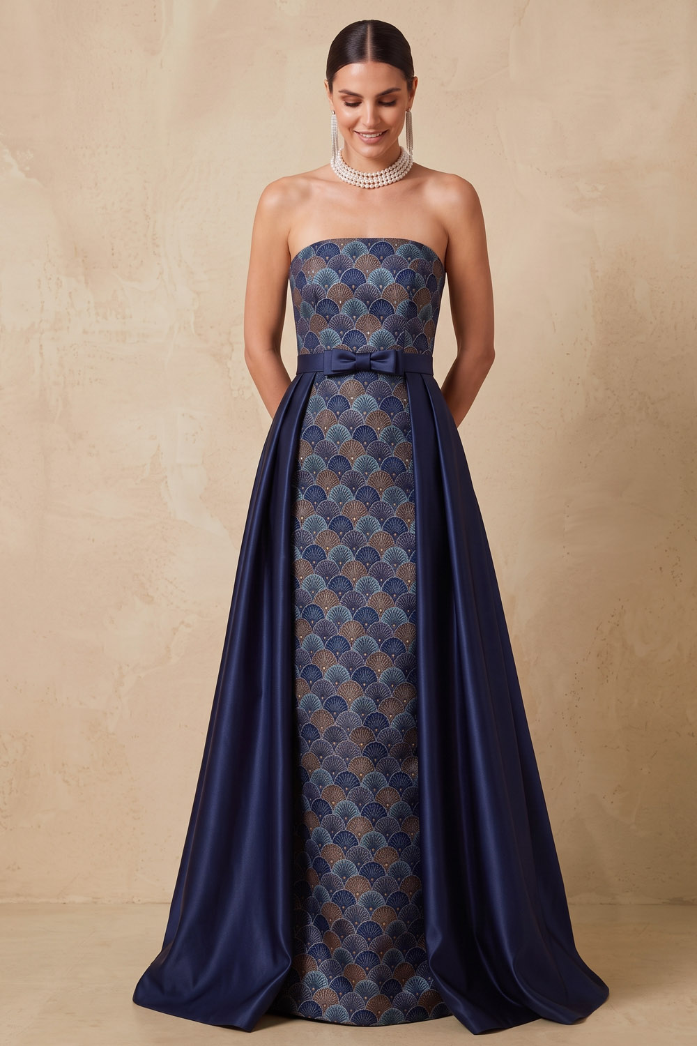 Dark Blue Strapless Maxi A Line Formal Evening Dress With Bow Sash
