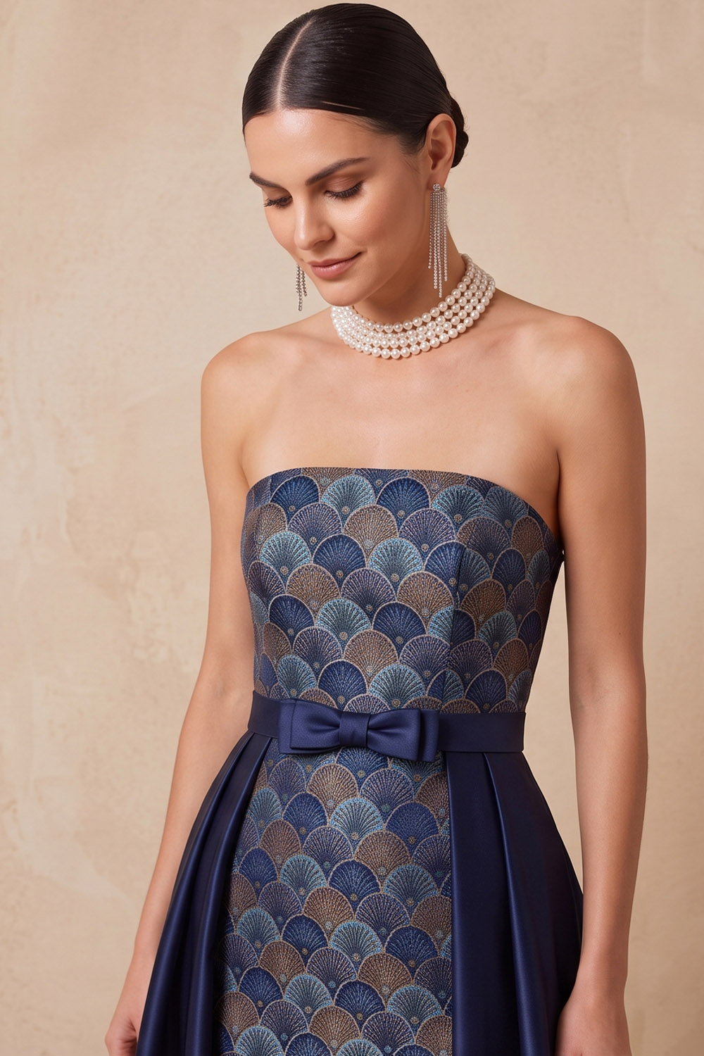 Dark Blue Strapless Maxi A Line Formal Evening Dress With Bow Sash