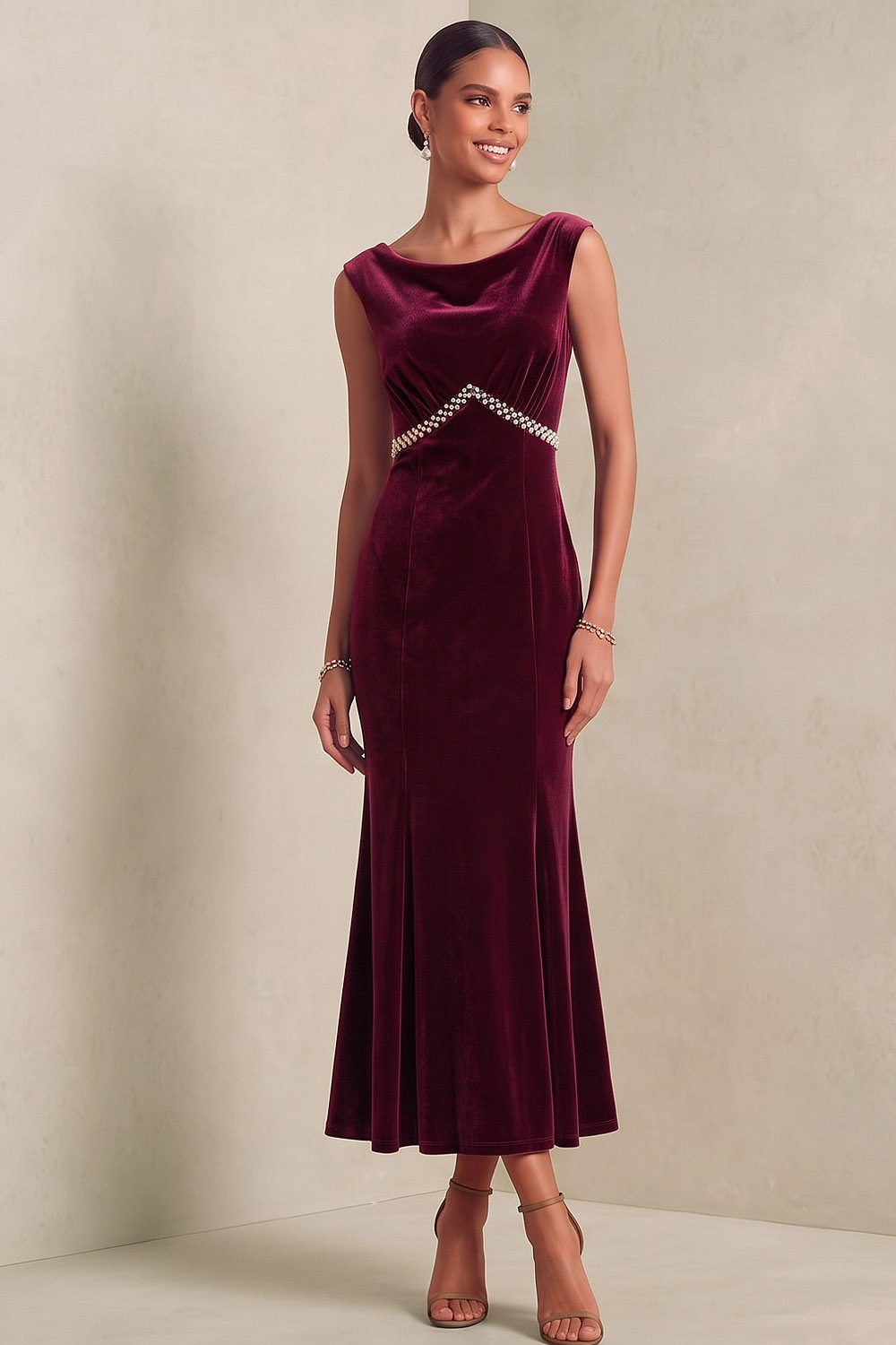 Navy Velvet Sleeveless Boat Neck Midi Mermaid Wedding Guest Dress