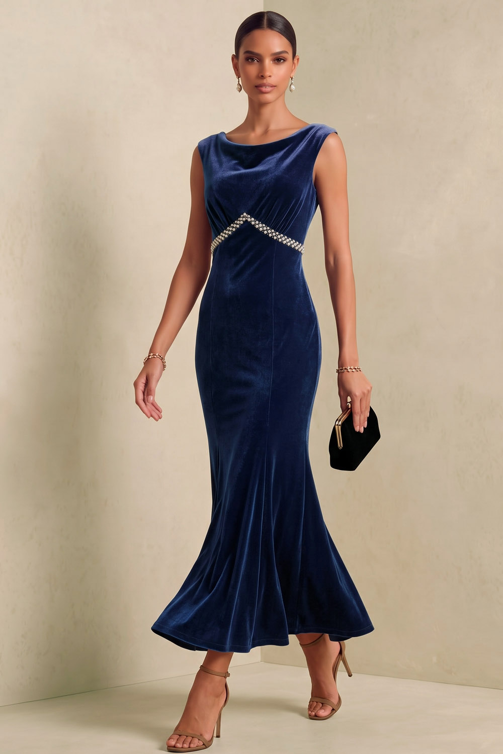 Navy Velvet Sleeveless Boat Neck Midi Mermaid Wedding Guest Dress
