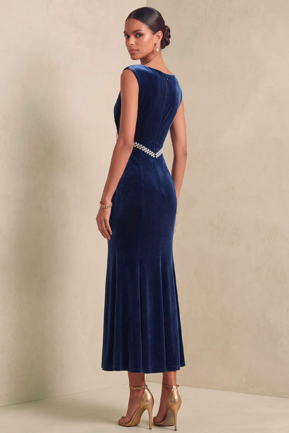 Navy Velvet Sleeveless Boat Neck Midi Mermaid Wedding Guest Dress