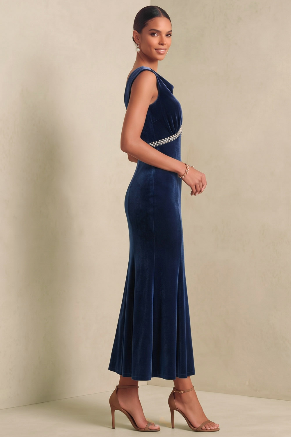 Navy Velvet Sleeveless Boat Neck Midi Mermaid Wedding Guest Dress