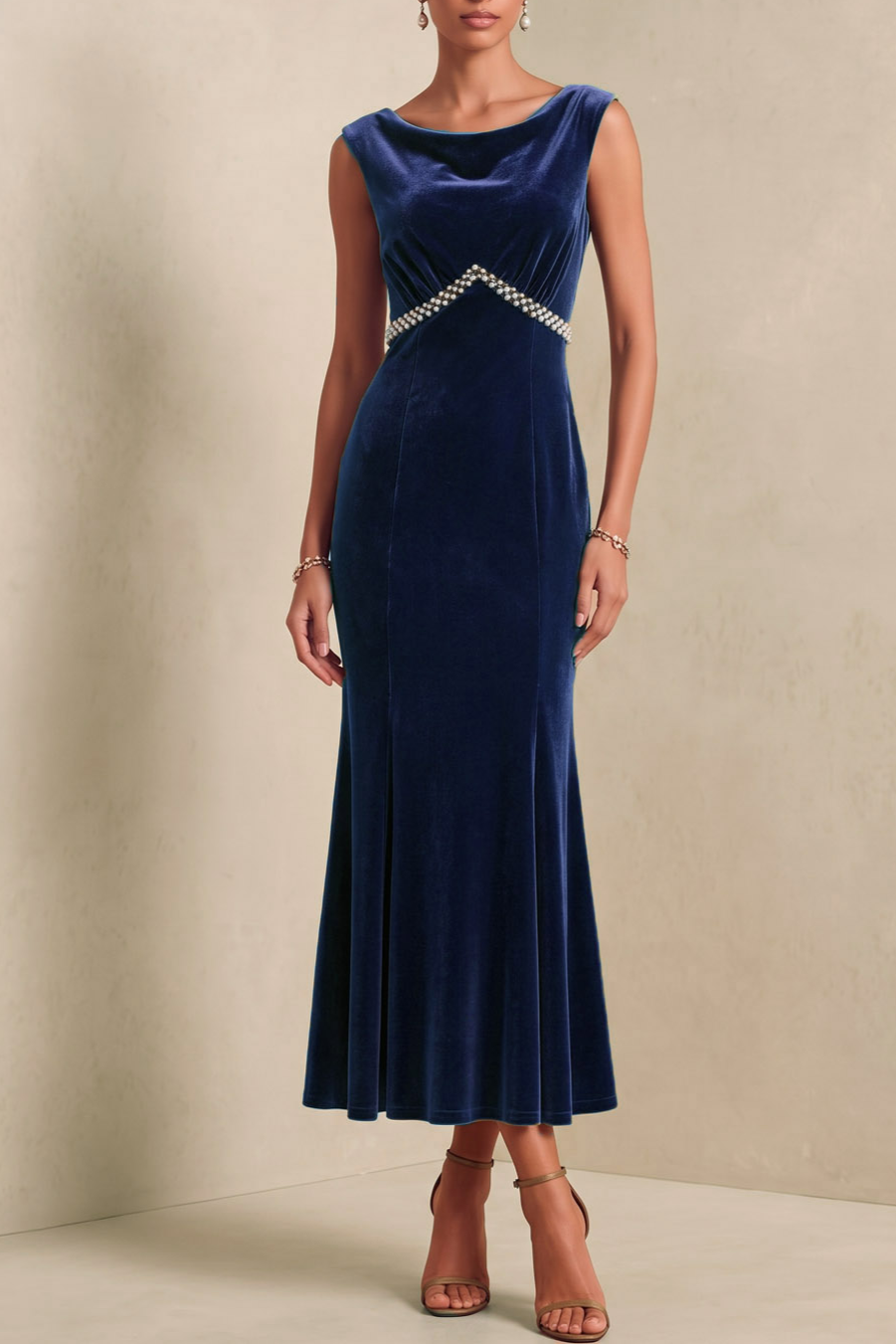 Navy Velvet Sleeveless Boat Neck Midi Mermaid Wedding Guest Dress