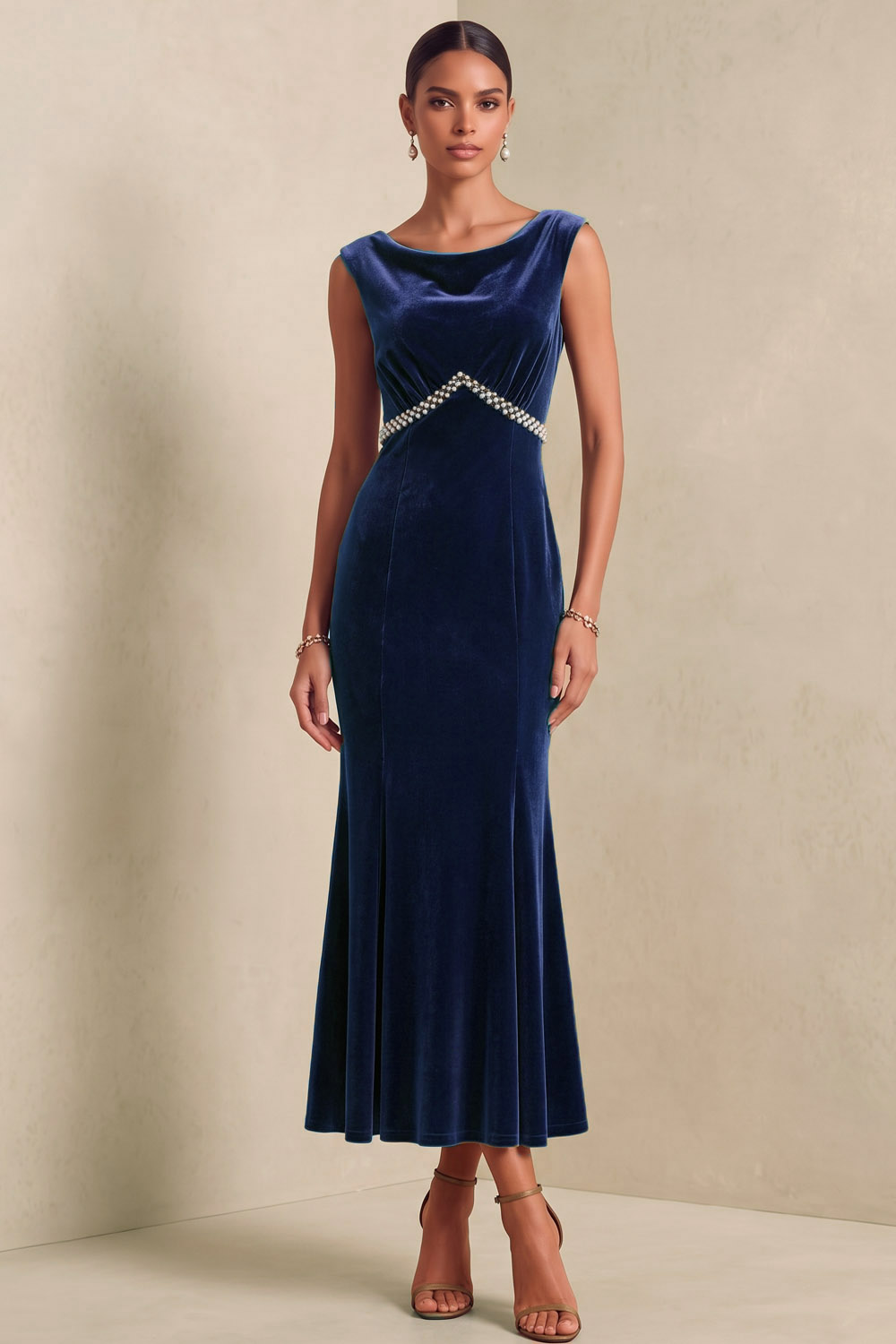 Navy Velvet Sleeveless Boat Neck Midi Mermaid Wedding Guest Dress