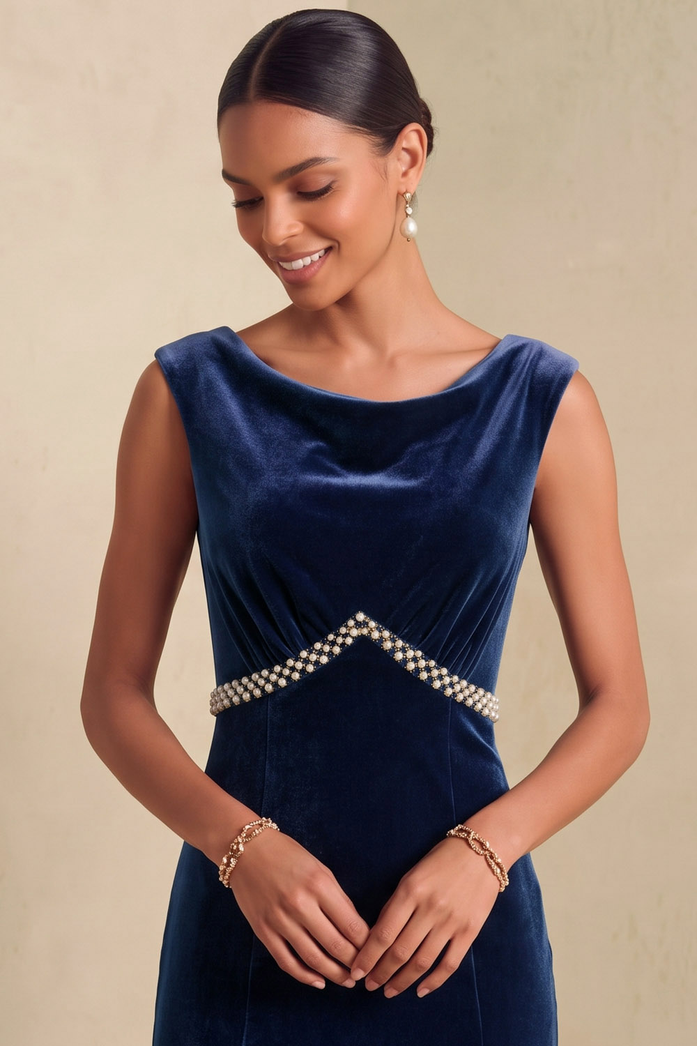 Navy Velvet Sleeveless Boat Neck Midi Mermaid Wedding Guest Dress