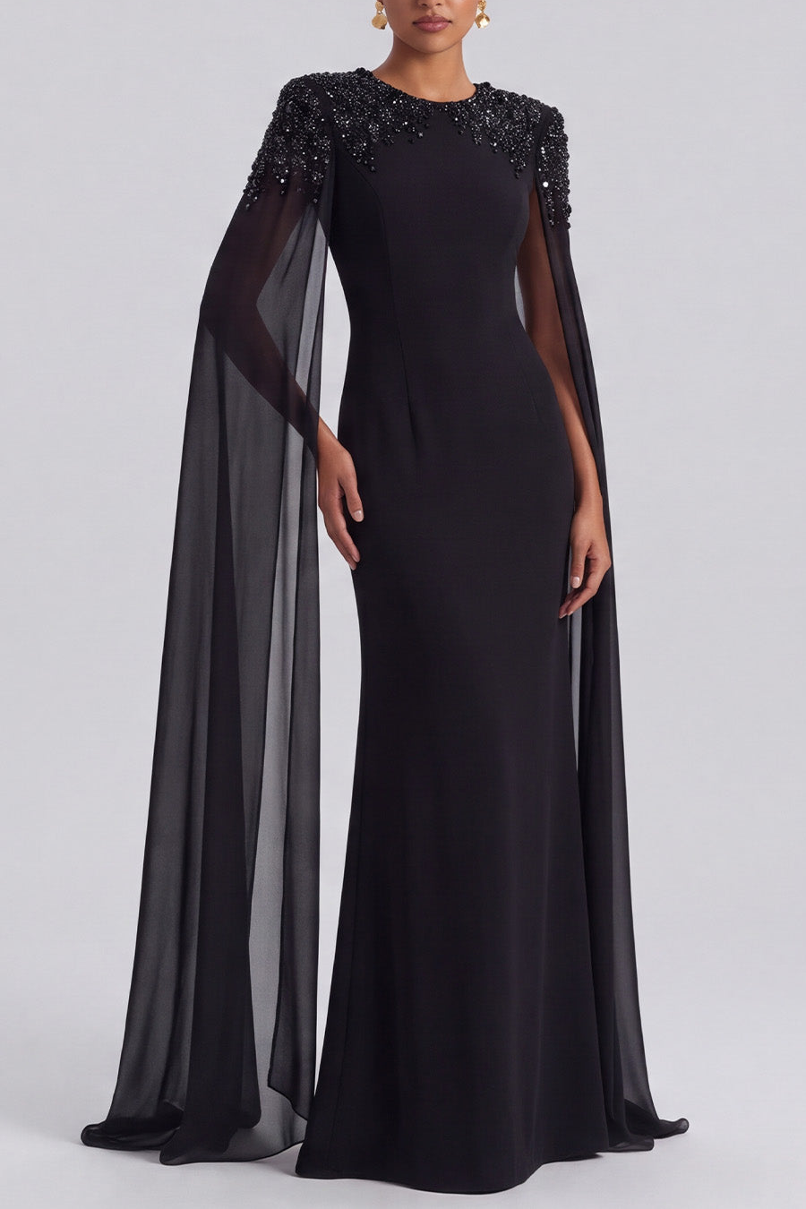 Sequins Mermaid Beaded Long Black Tie Dress with Cape Sleeves