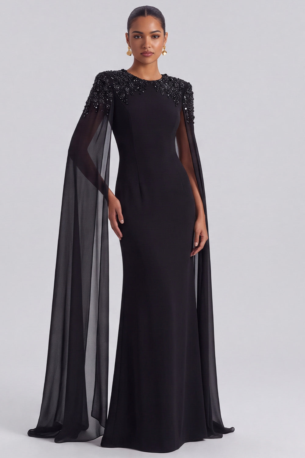 Sequins Mermaid Beaded Long Black Tie Dress with Cape Sleeves