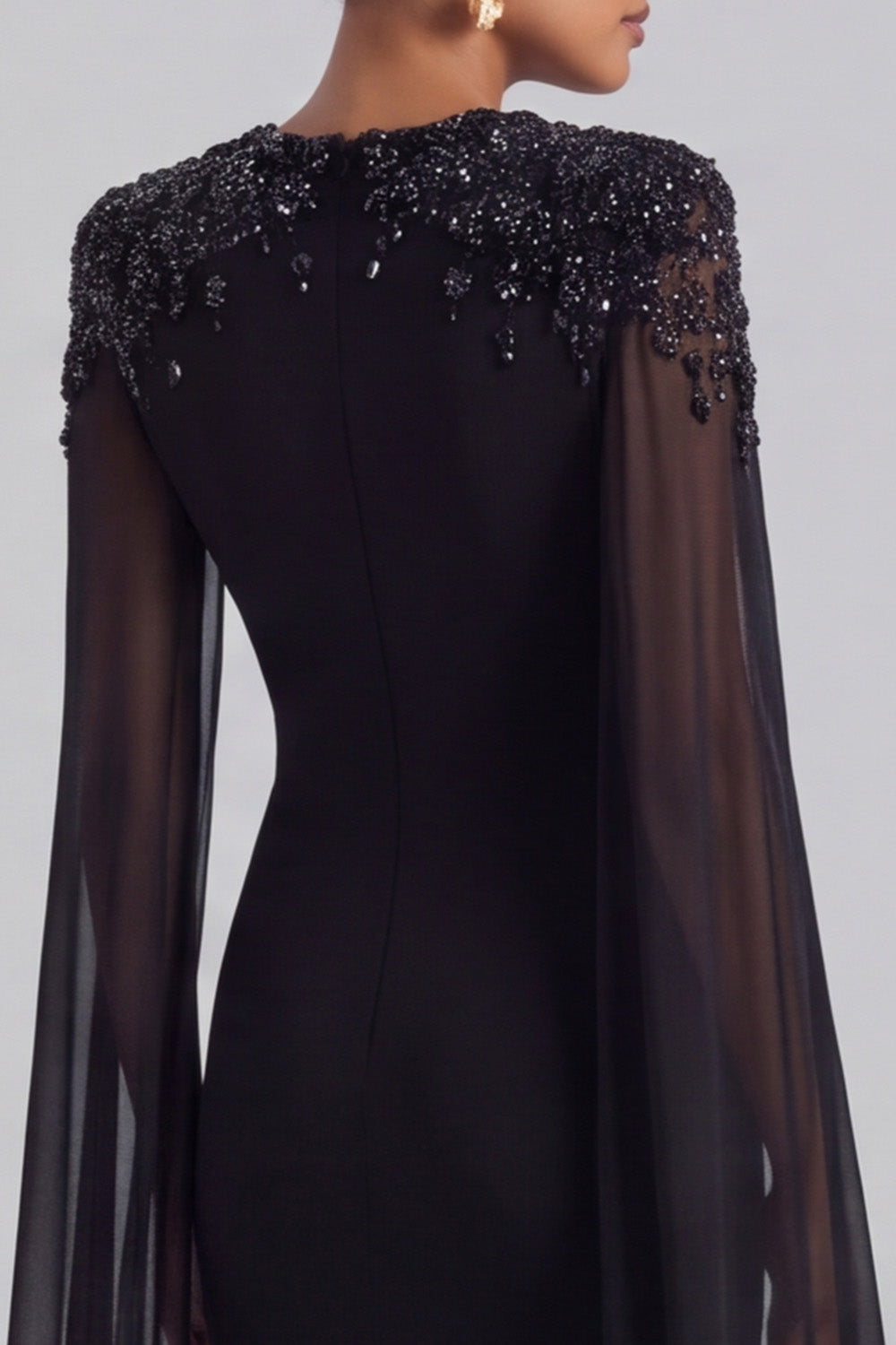 Sequins Mermaid Beaded Long Black Tie Dress with Cape Sleeves