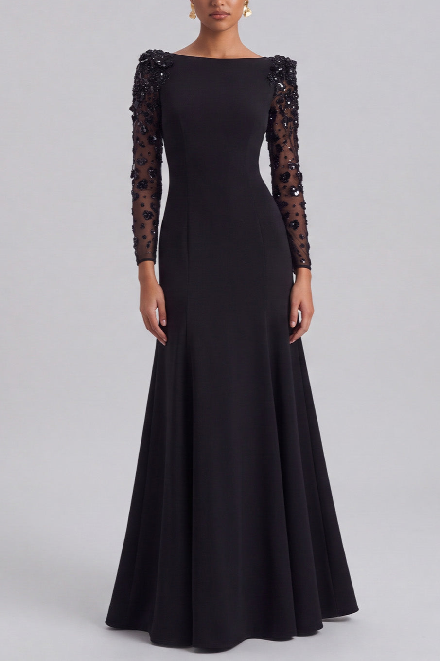 Beaded A-Line Long Sleeve Black Tie Dress