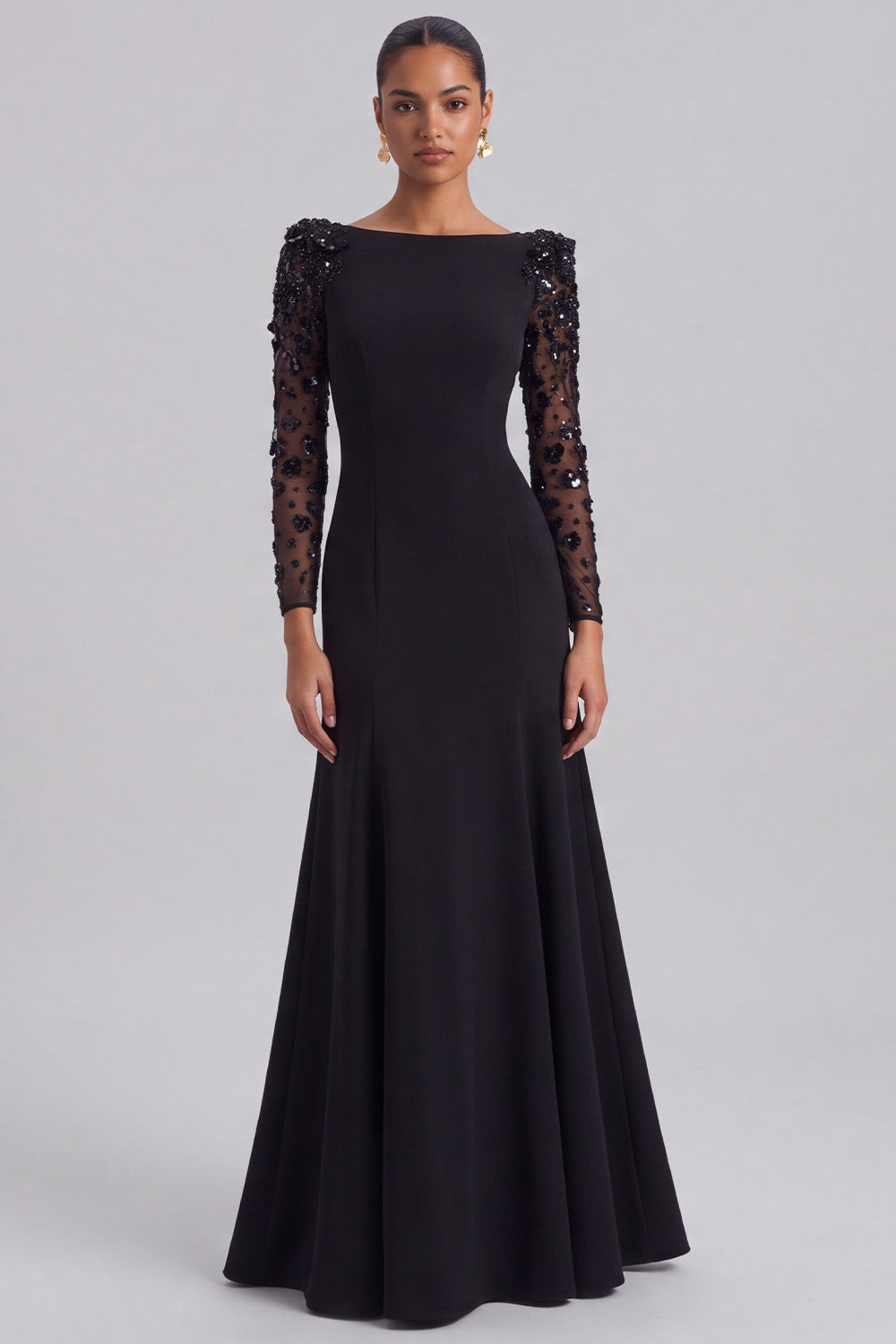 Beaded A-Line Long Sleeve Black Tie Dress